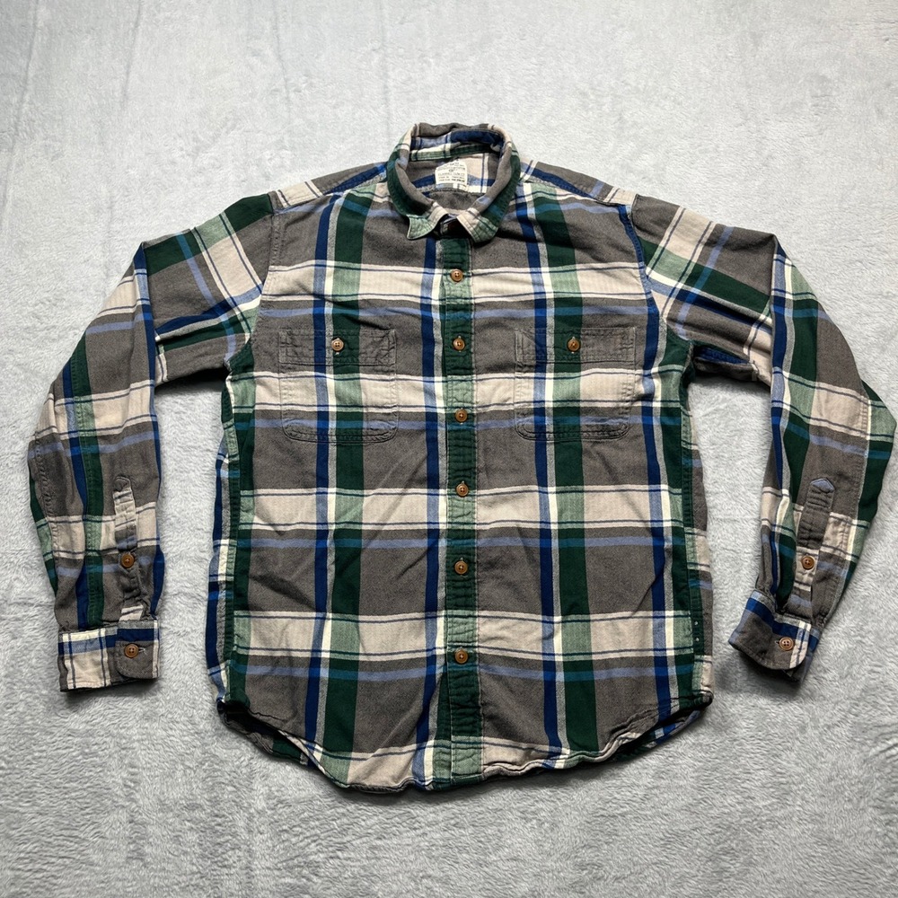 J.Crew Flannel Shirt Mens Green Blue Plaid Slim Fit Herringbone Medium